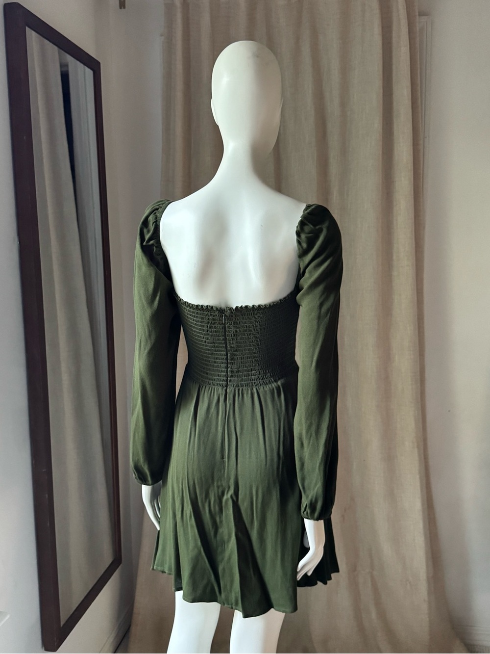 Reformation Olive Green Long-Sleeve Sweetheart Mini Dress - Picture 3 of 4